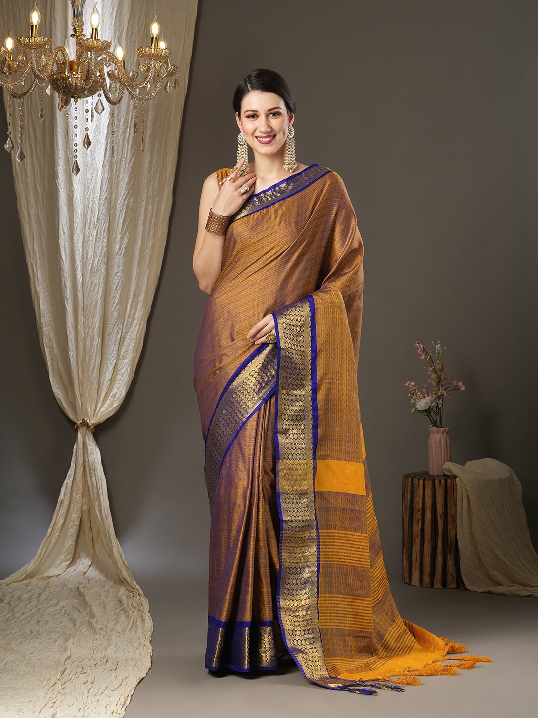Yellow Mustard Taant Aura Silk Woven Saree