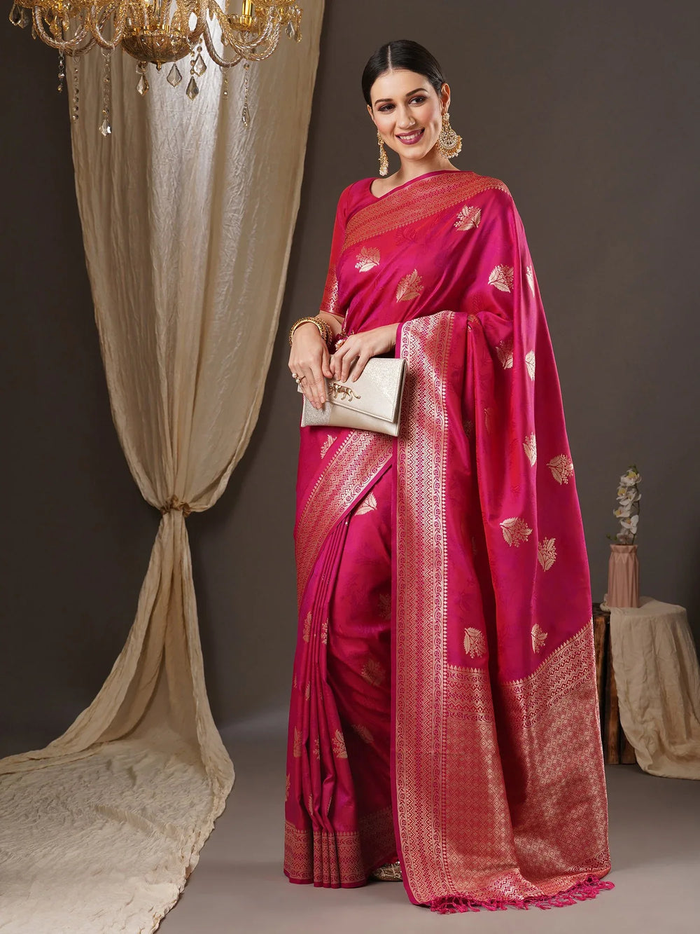 Magenta Pink Banarasi Silk Saree - The Dori Store