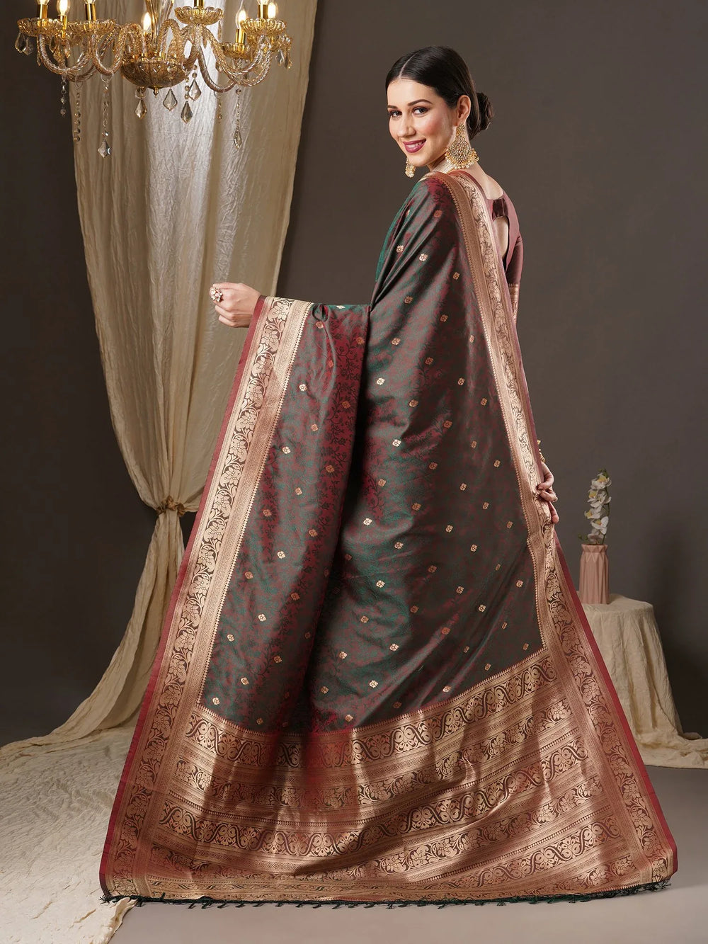 Greenish Brown Kanjeevaram Silk Saree - The Dori Store