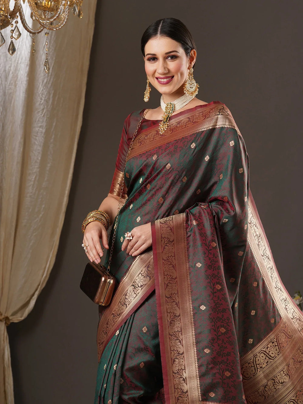 Greenish Brown Kanjeevaram Silk Saree - The Dori Store
