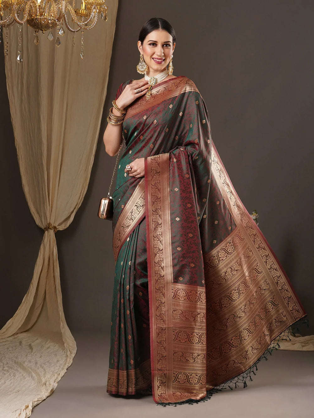 Greenish Brown Kanjeevaram Silk Saree - The Dori Store