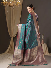 Ethnic Teal Blue Kanjeevaram Silk Saree - The Dori Store
