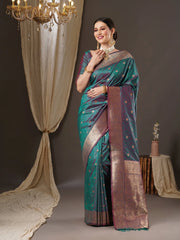 Ethnic Teal Blue Kanjeevaram Silk Saree - The Dori Store