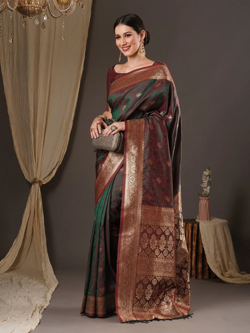 Brownish Green Kanjeevaram Silk Saree - The Dori Store