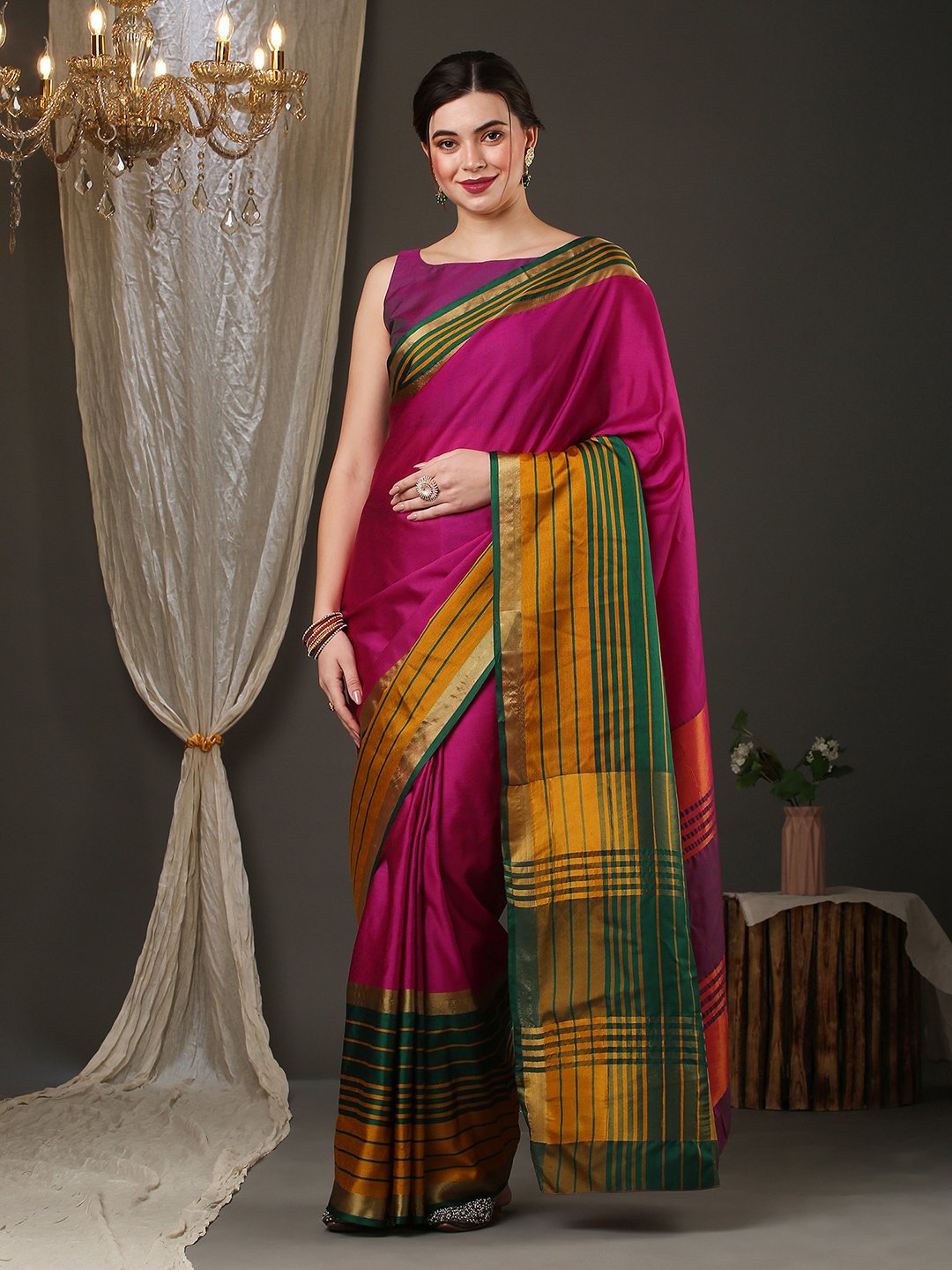 Pink Taant Aura Silk Woven Saree