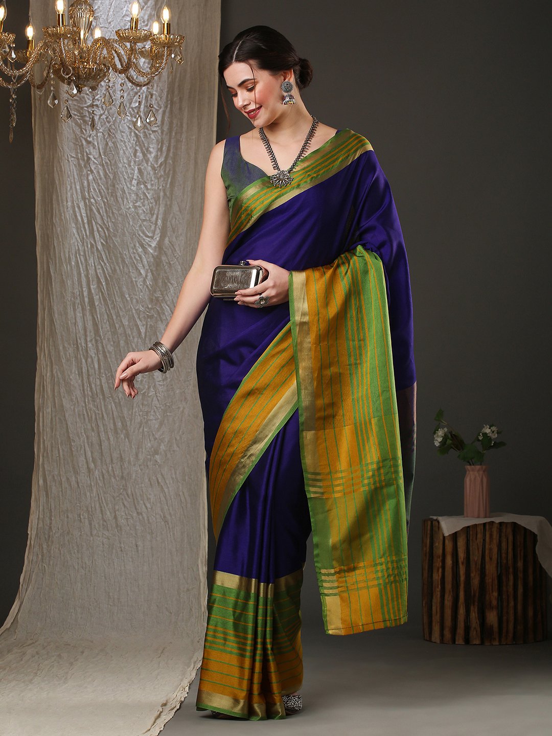 NavyBlue Taant Aura Silk Woven Saree