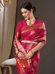 Pink Banarasi Silk Blend Woven Saree - The Dori Store