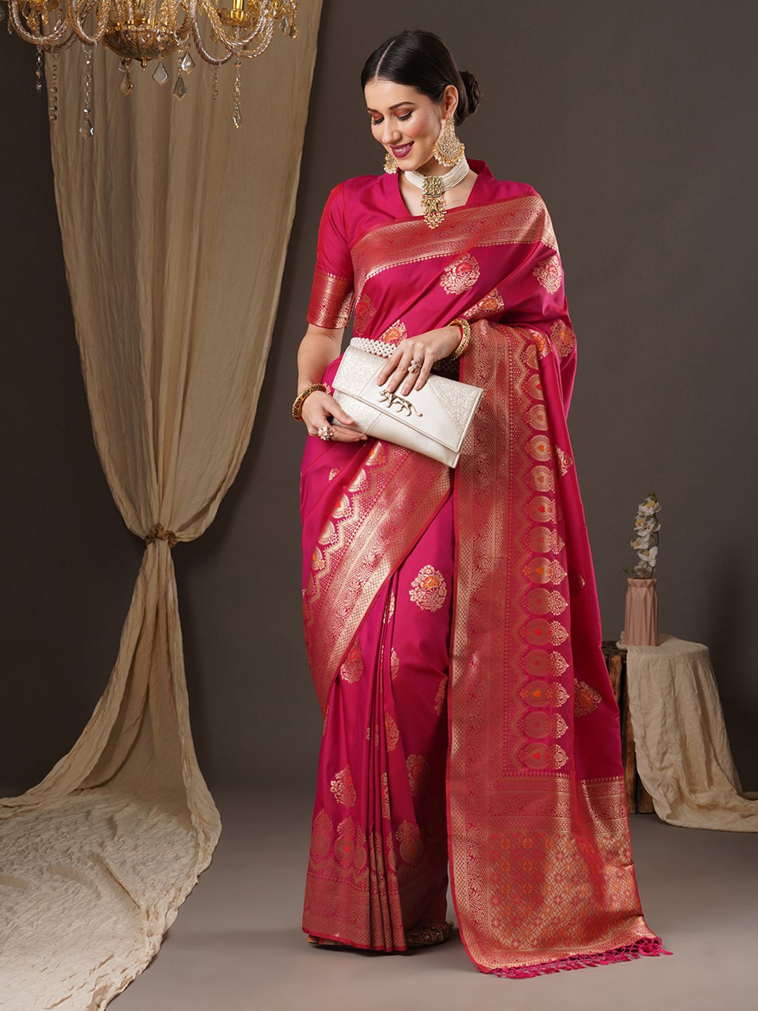 Pink Banarasi Silk Blend Woven Saree