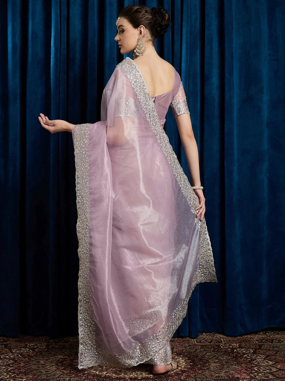 Lavendar Party Wear Net Embroidered Saree - The Dori Store