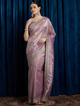 Lavendar Party Wear Paper Silk Embroidered Saree - The Dori Store