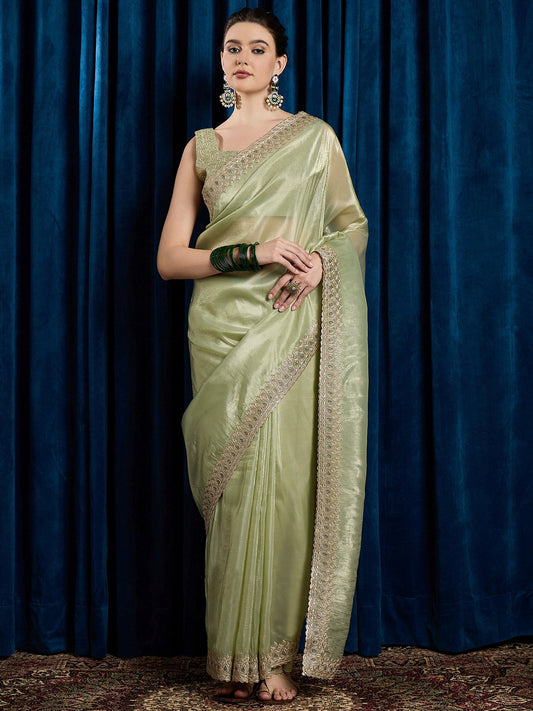 Green Light Party Wear Paper Silk Embroidered Saree