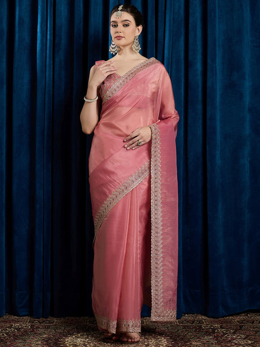 Pink Pink Party Wear Paper Silk Embroidered Saree