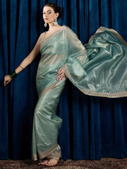 Sea Party Wear Paper Silk Embroidered Saree - The Dori Store