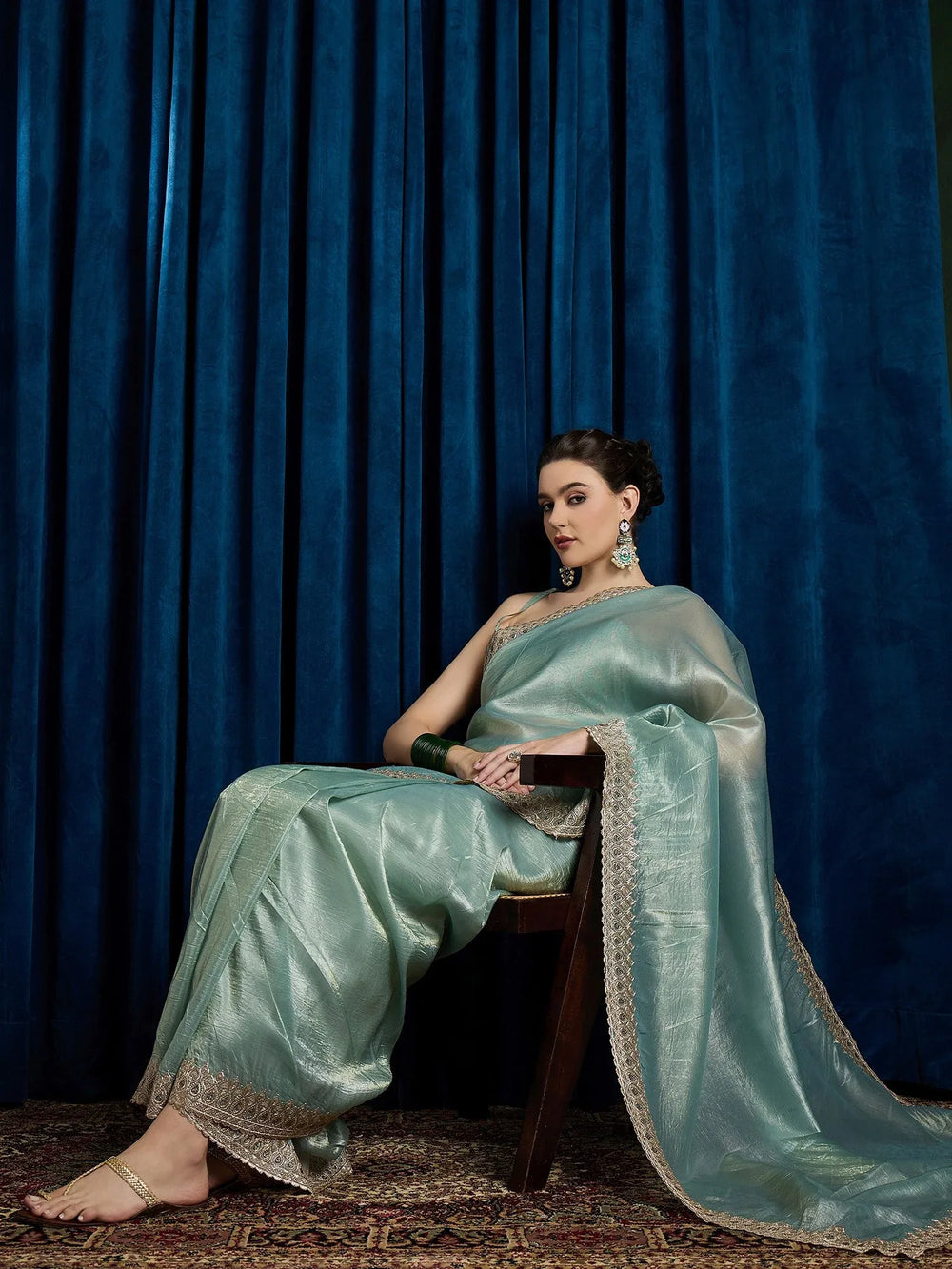 Sea Party Wear Paper Silk Embroidered Saree - The Dori Store