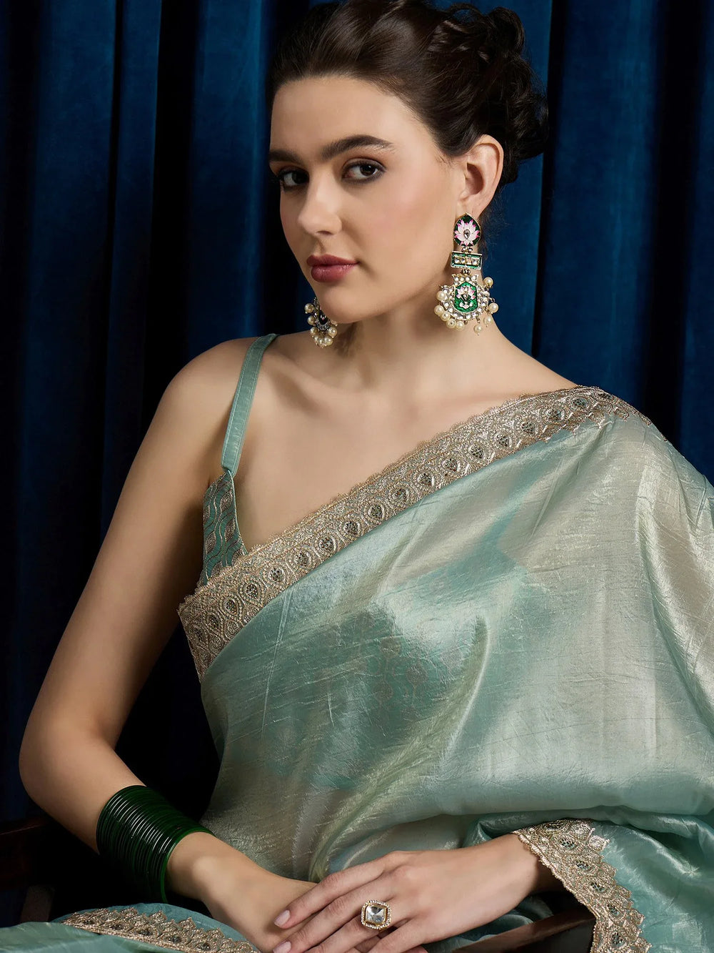 Sea Party Wear Paper Silk Embroidered Saree - The Dori Store