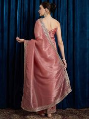 Rose Party Wear Paper Silk Embroidered Saree - The Dori Store