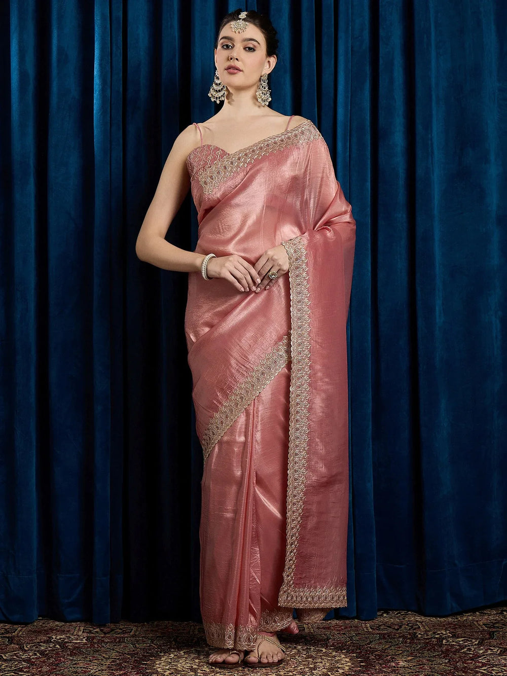 Rose Party Wear Paper Silk Embroidered Saree - The Dori Store