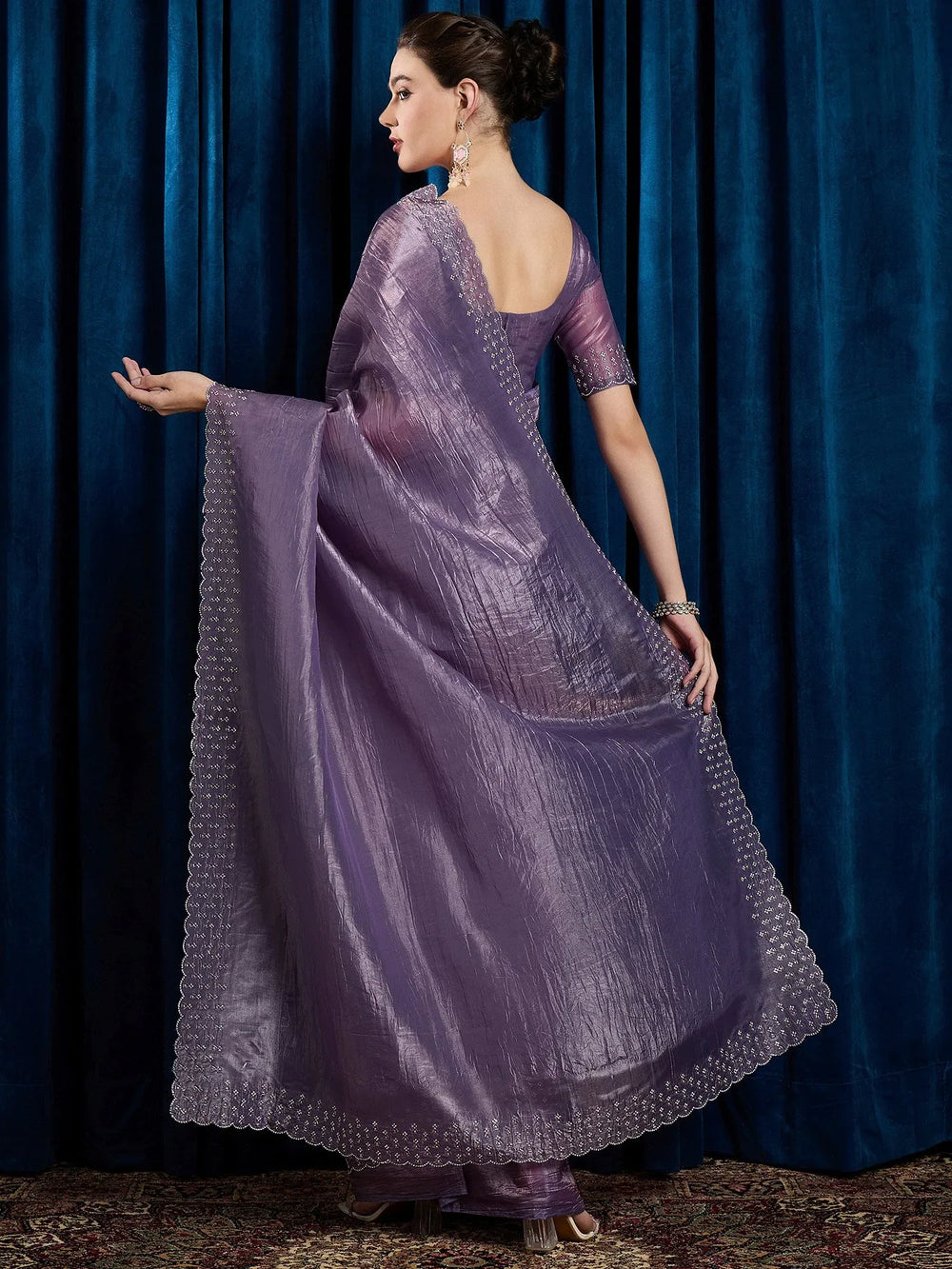 Lavendar Party Wear Paper Silk Embellished Saree - The Dori Store