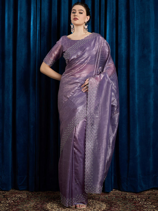 Lavender Lavendar Party Wear Paper Silk Embellished Saree