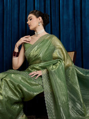 Green Party Wear Paper Silk Embellished Saree - The Dori Store