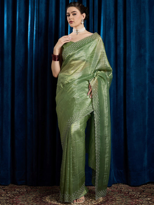 Green Green Party Wear Paper Silk Embellished Saree