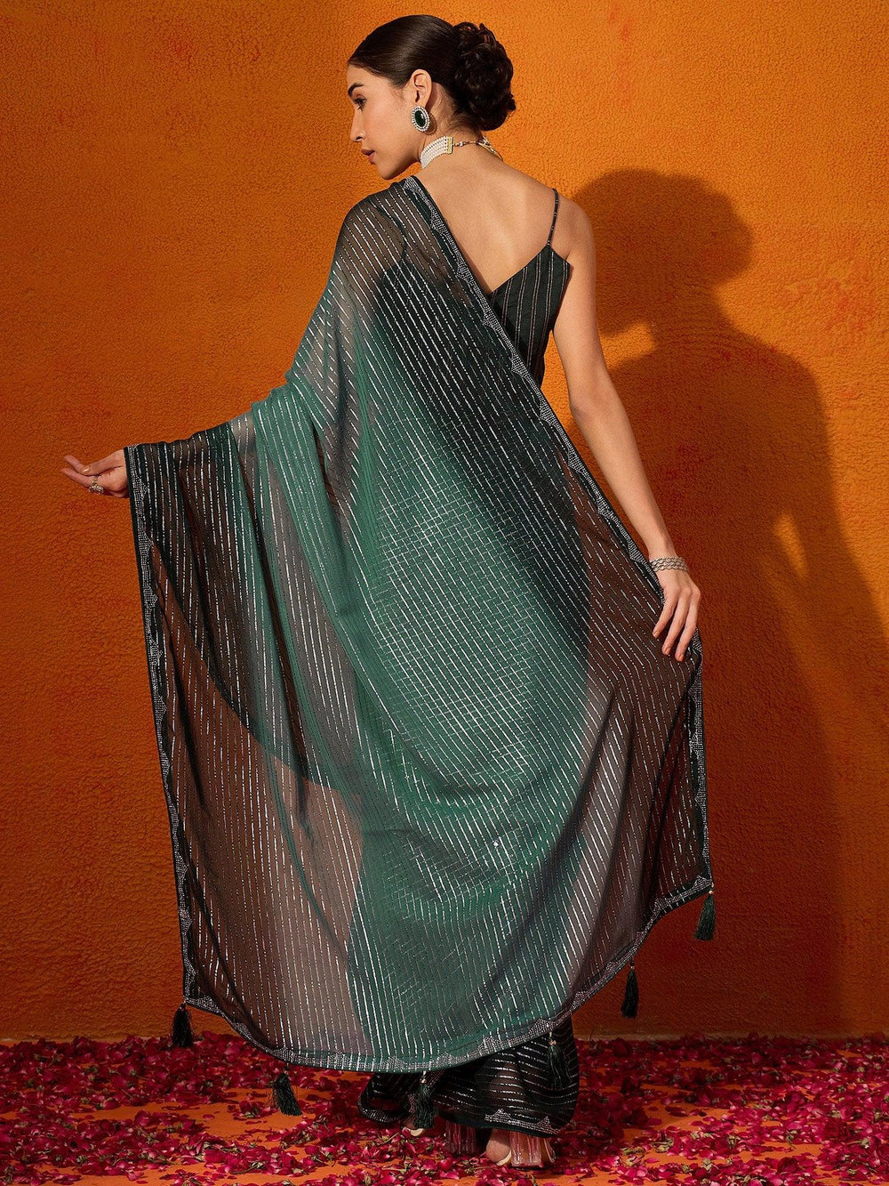 Green Party Wear Chiffon Embellished Saree - The Dori Store