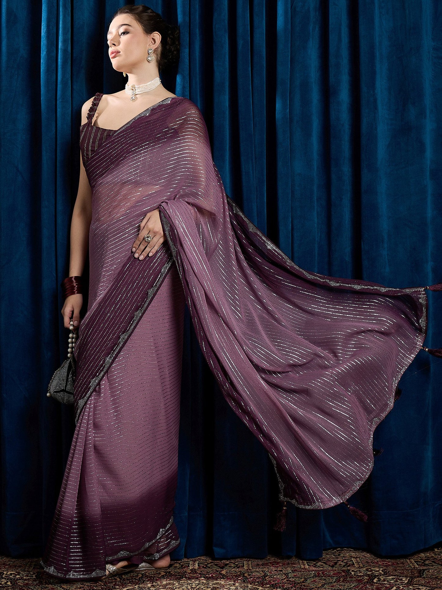 Mauve Party Wear Chiffon Embellished Saree