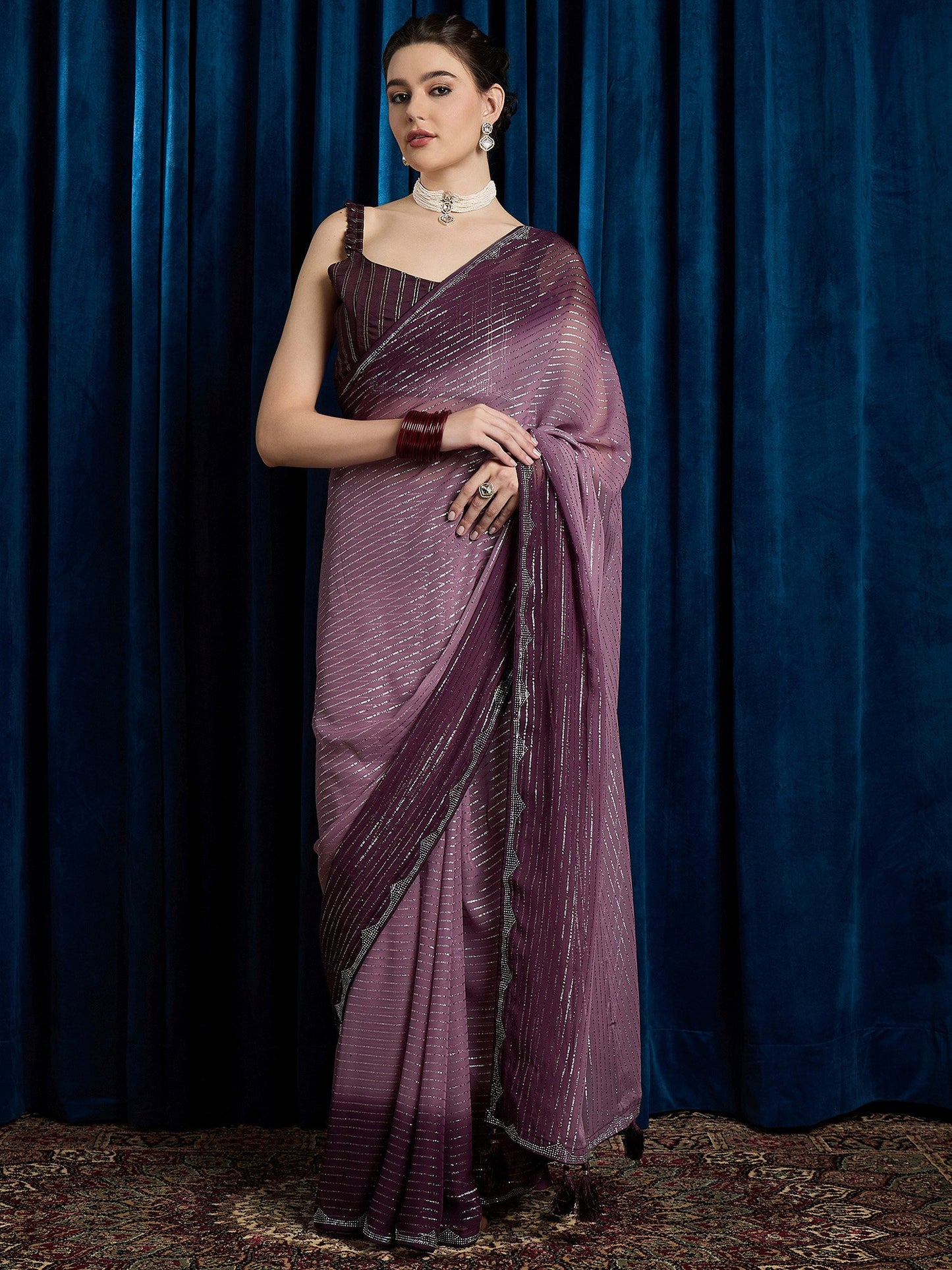 Purple Mauve Party Wear Chiffon Embellished Saree