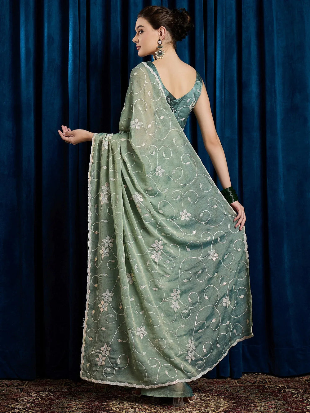 Sea Party Wear Chiffon Embroidered Saree - The Dori Store