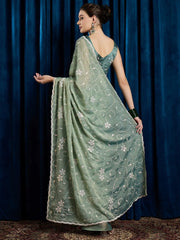 Sea Party Wear Chiffon Embroidered Saree - The Dori Store