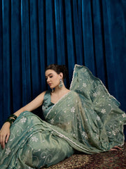 Sea Party Wear Chiffon Embroidered Saree - The Dori Store