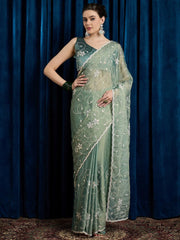Sea Party Wear Chiffon Embroidered Saree - The Dori Store