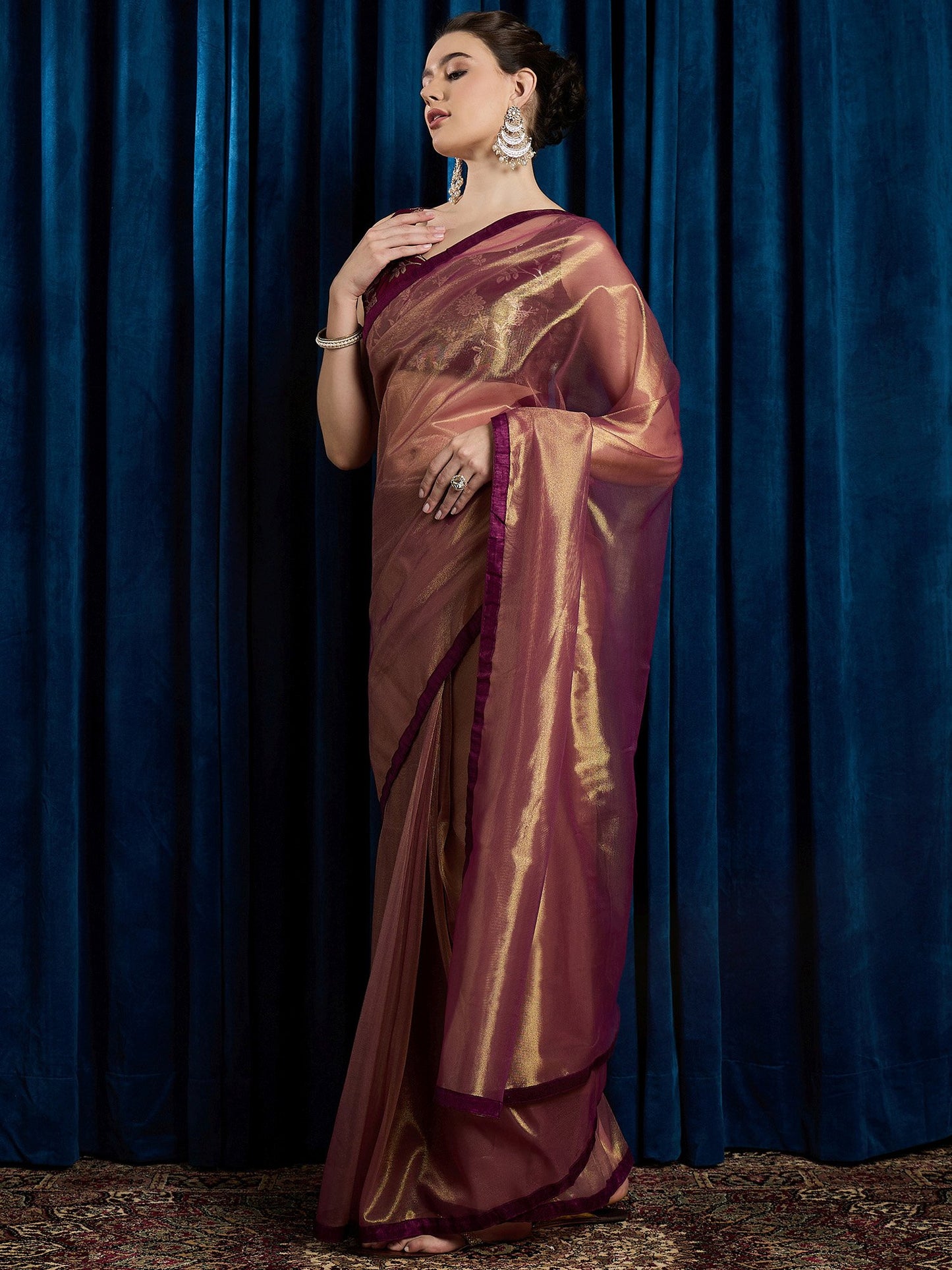 Burgundy Party Wear Net Embellished Saree