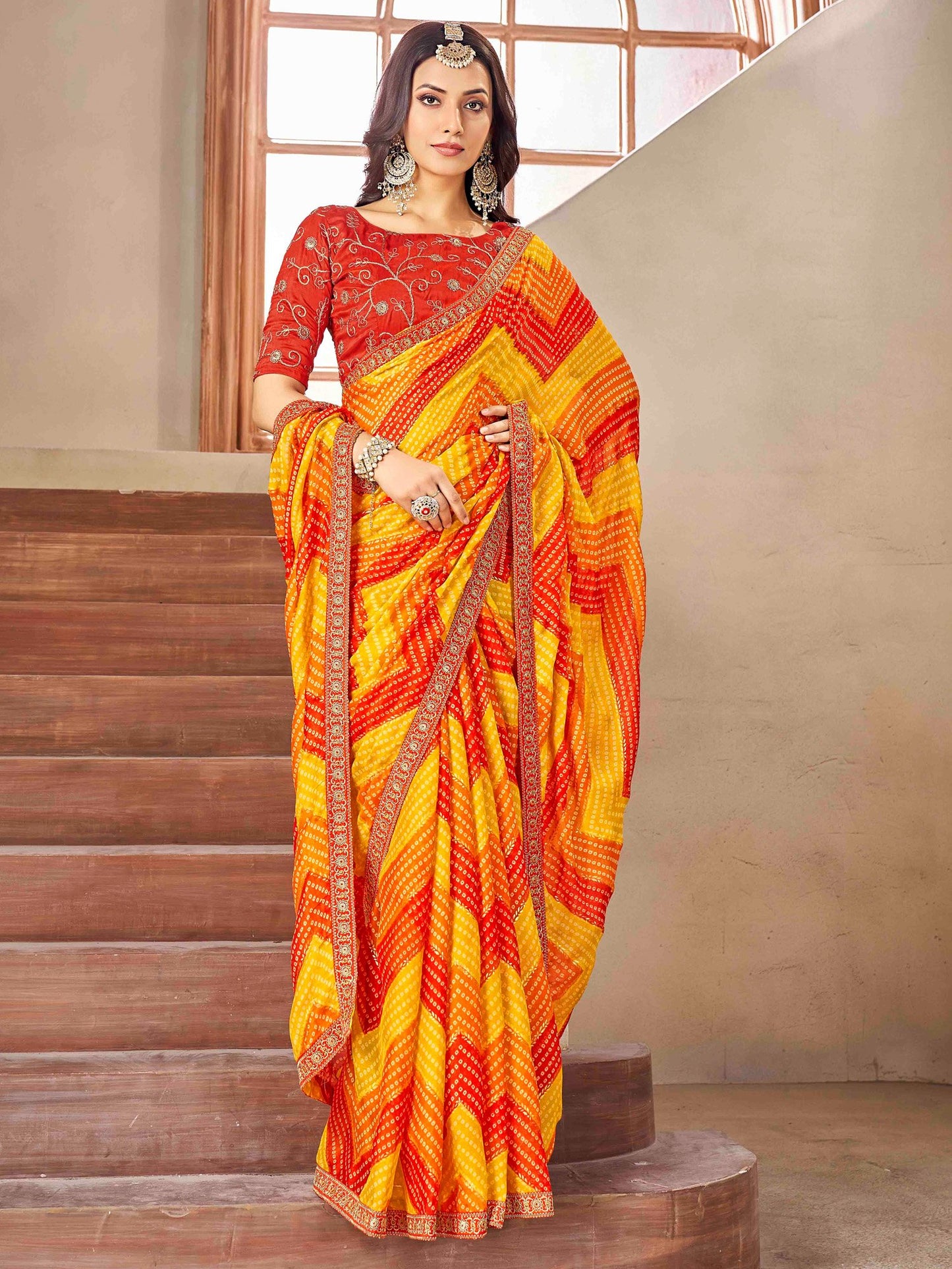 Yellow Bandhani Chiffon Embellished Saree
