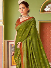 Green Tussar Silk Blend Printed Saree - The Dori Store