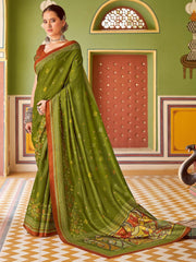 Green Tussar Silk Blend Printed Saree - The Dori Store