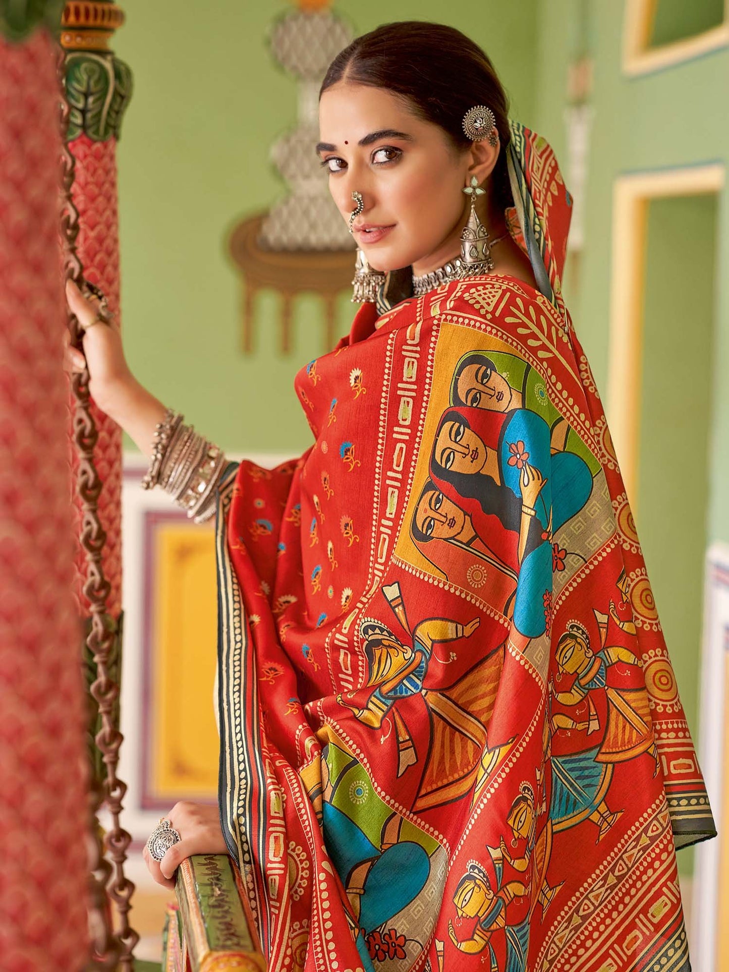 Red Red Tussar Silk Blend Printed Saree