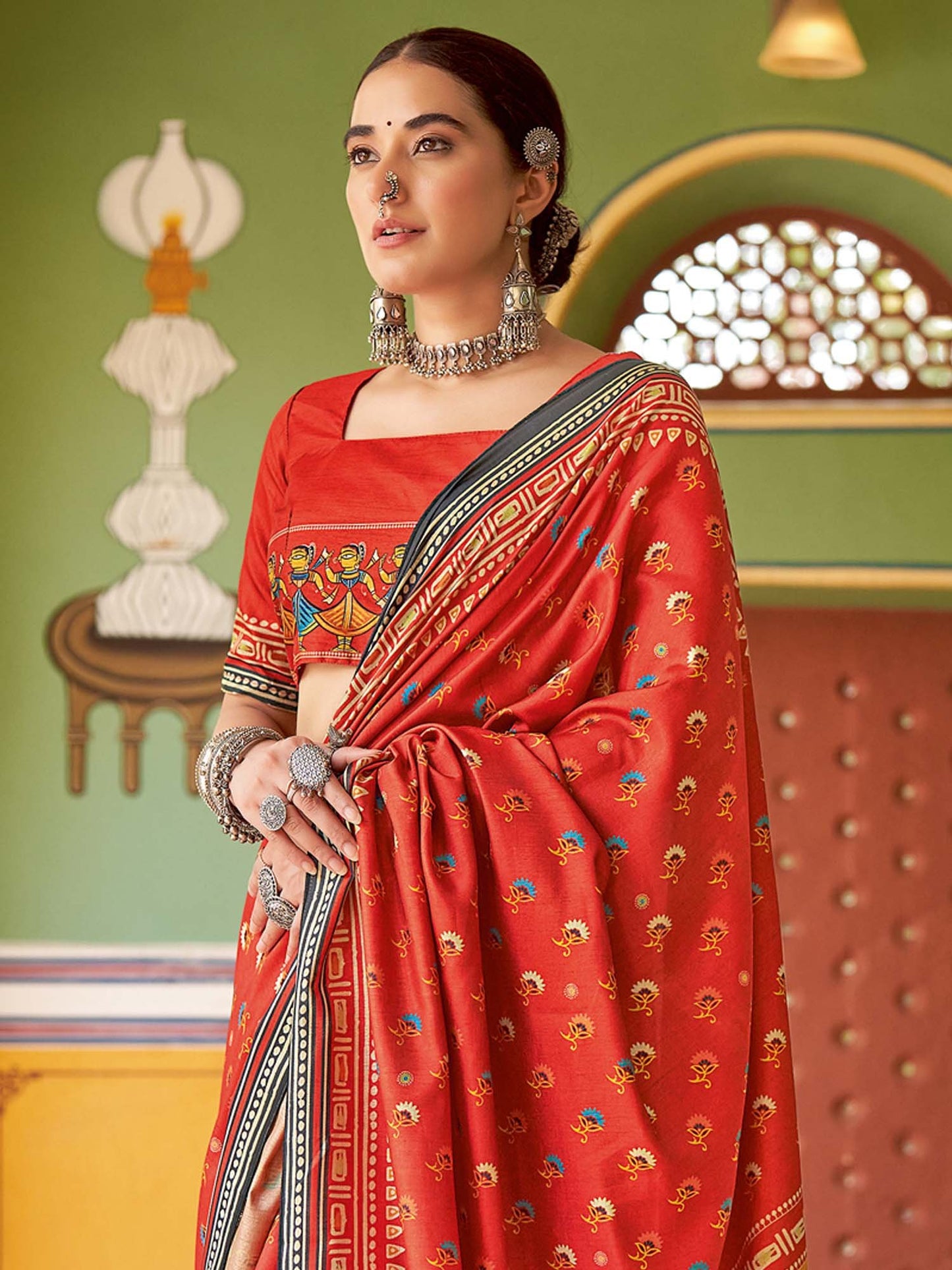 Red Tussar Silk Blend Printed Saree