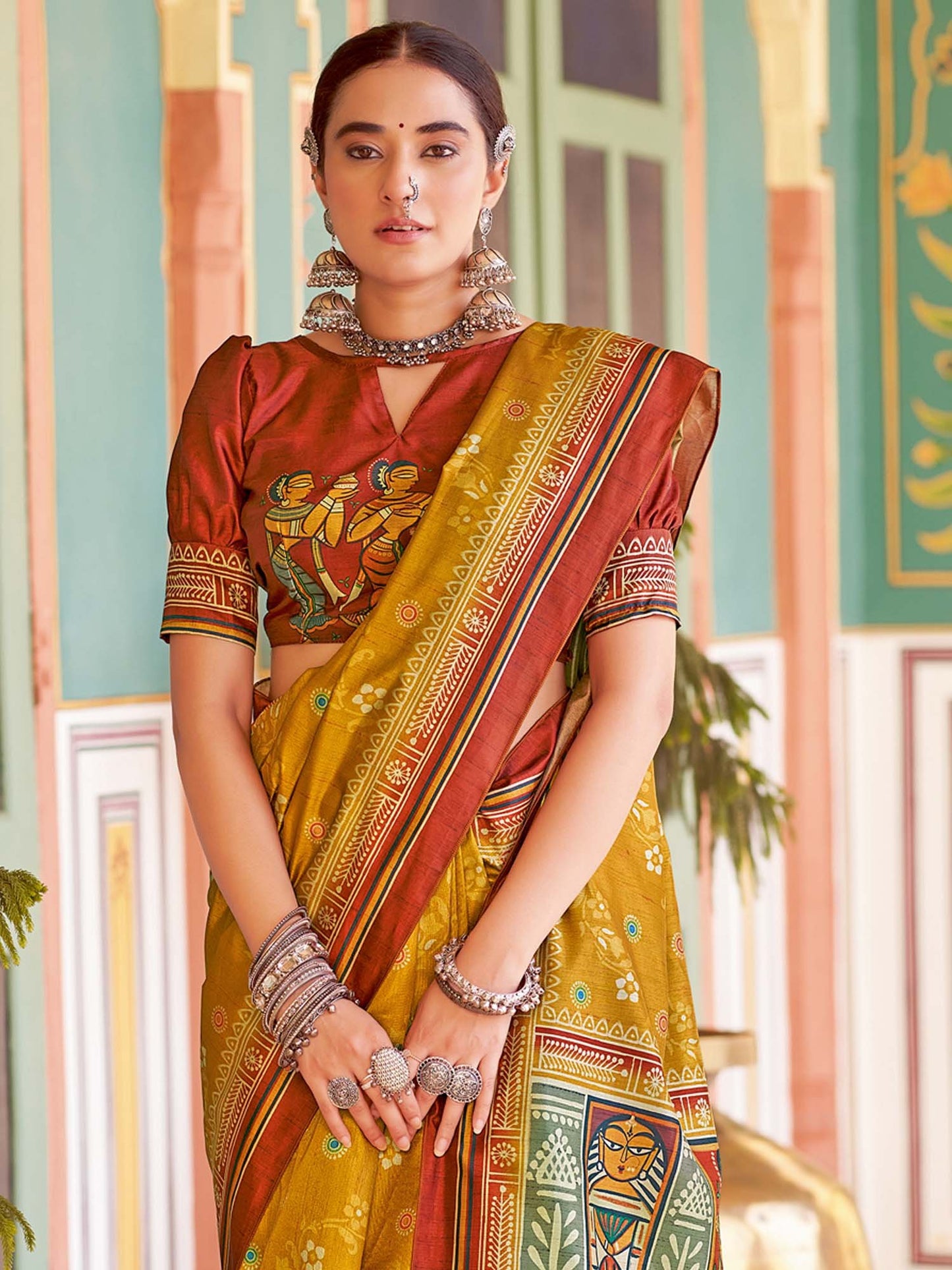 Mustard Tussar Silk Blend Printed Saree