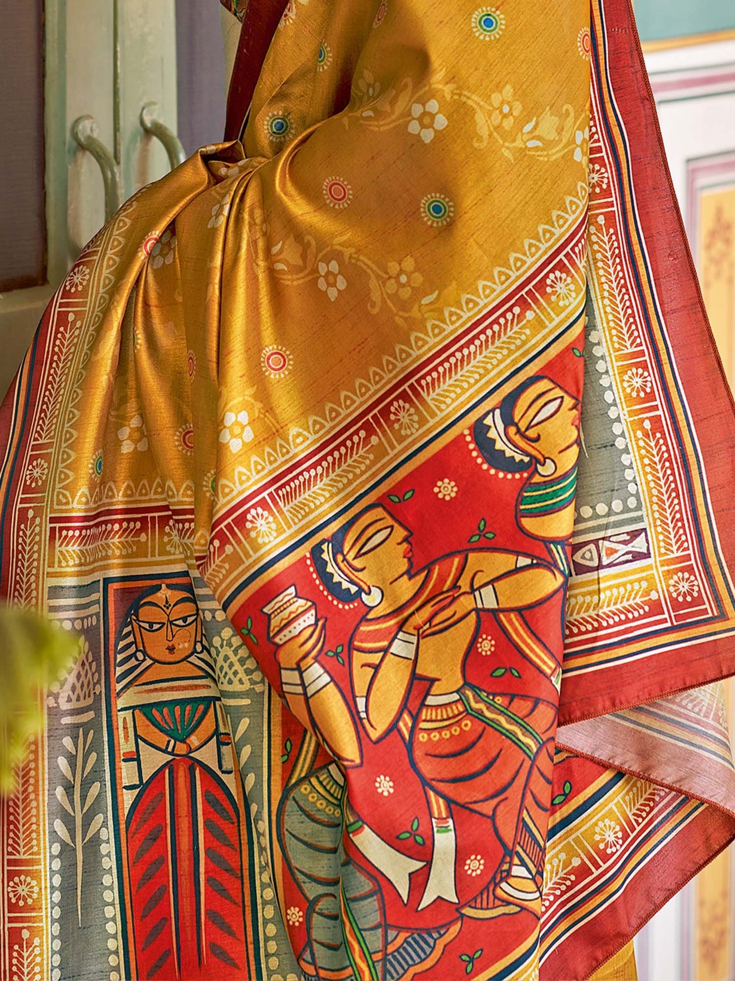 Mustard Tussar Silk Blend Printed Saree