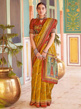 Mustard Tussar Silk Blend Printed Saree - The Dori Store