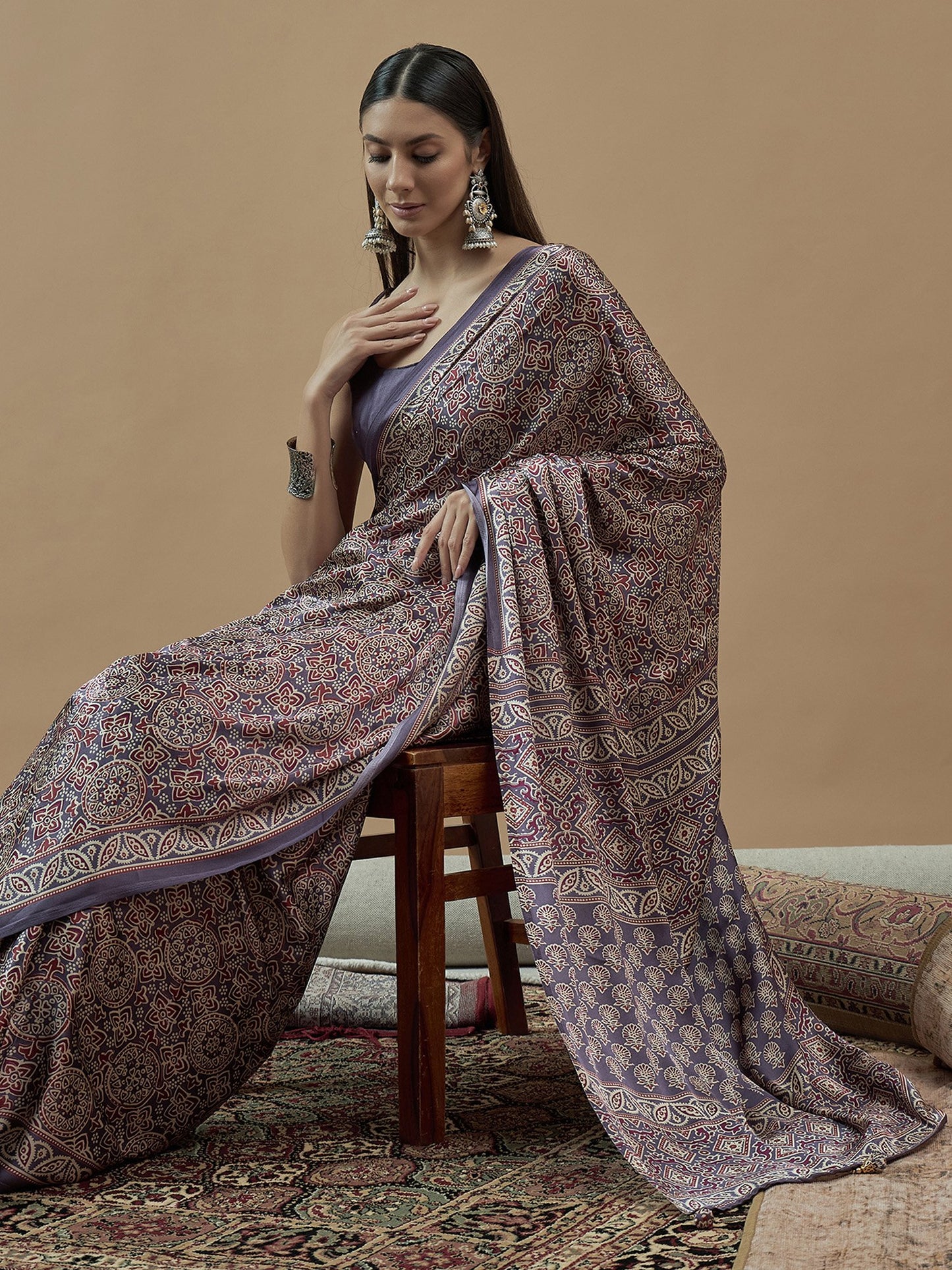 Lavendar Block Print Pure Crepe Printed Saree