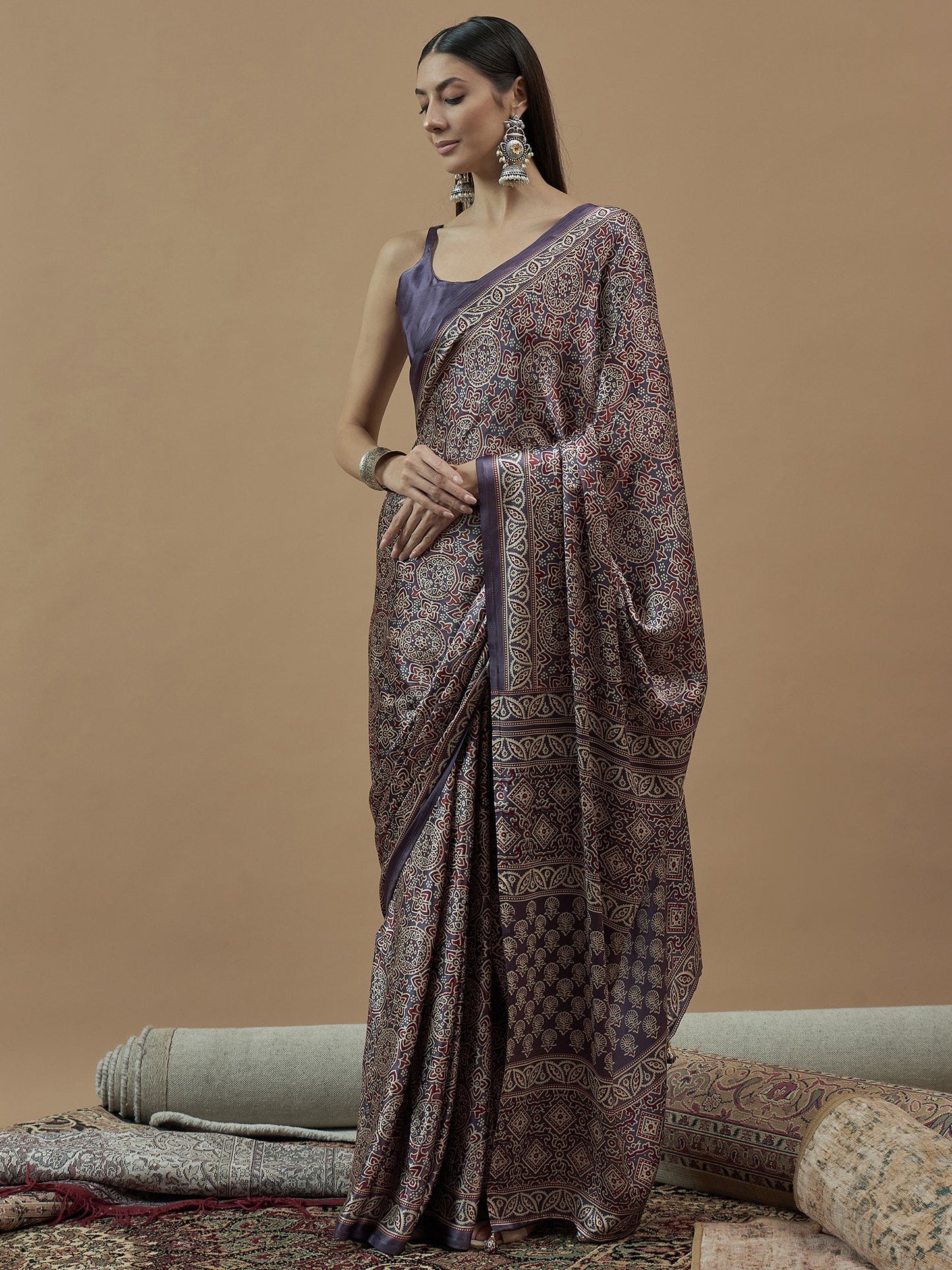 Lavendar Block Print Pure Crepe Printed Saree