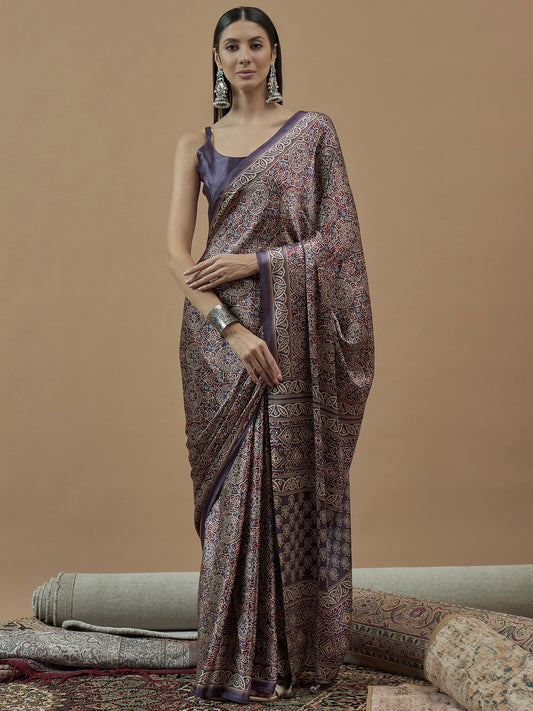 Lavender Lavendar Block Print Pure Crepe Printed Saree