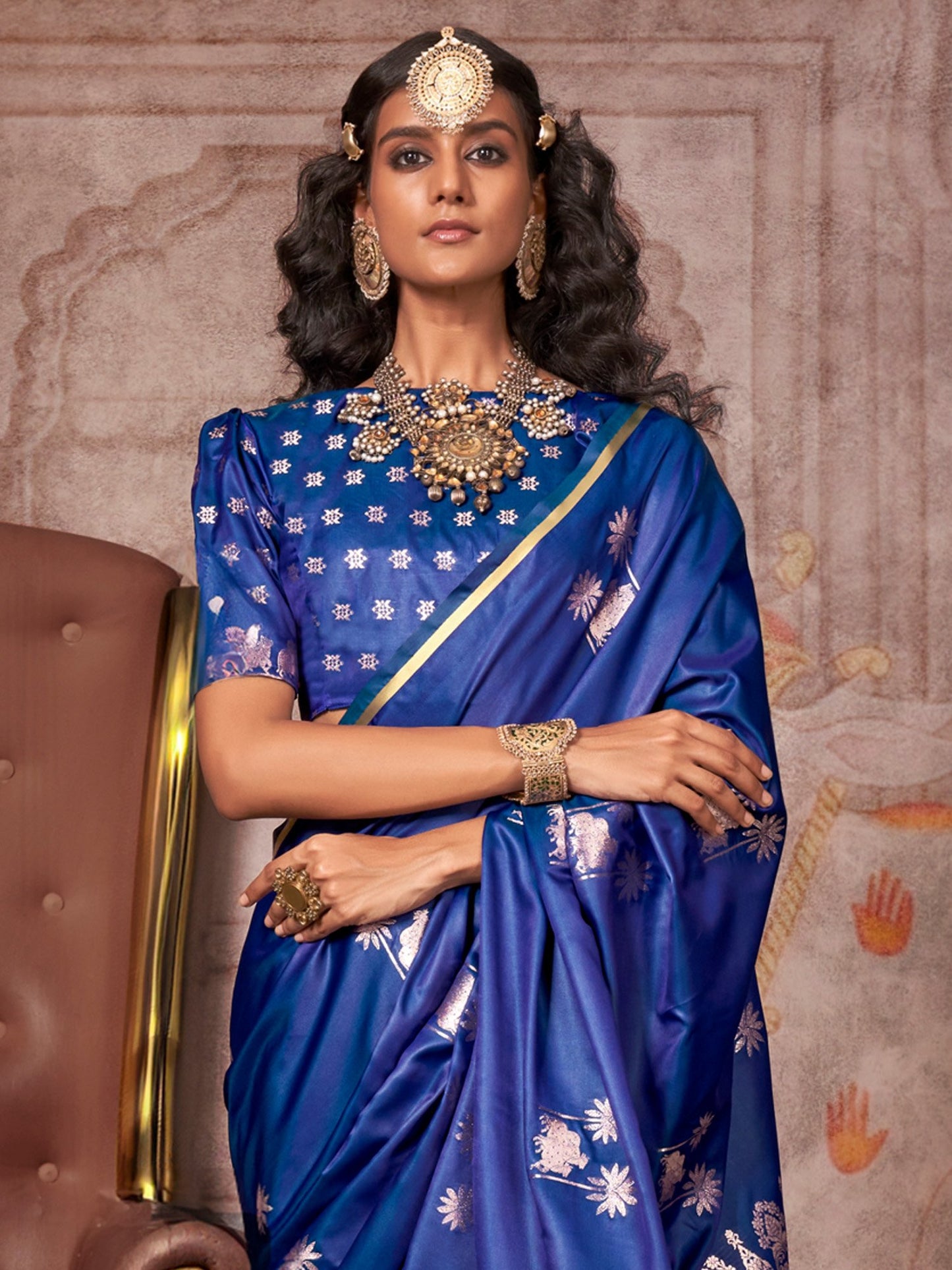 Navy Gadwal Satin Silk Woven Saree