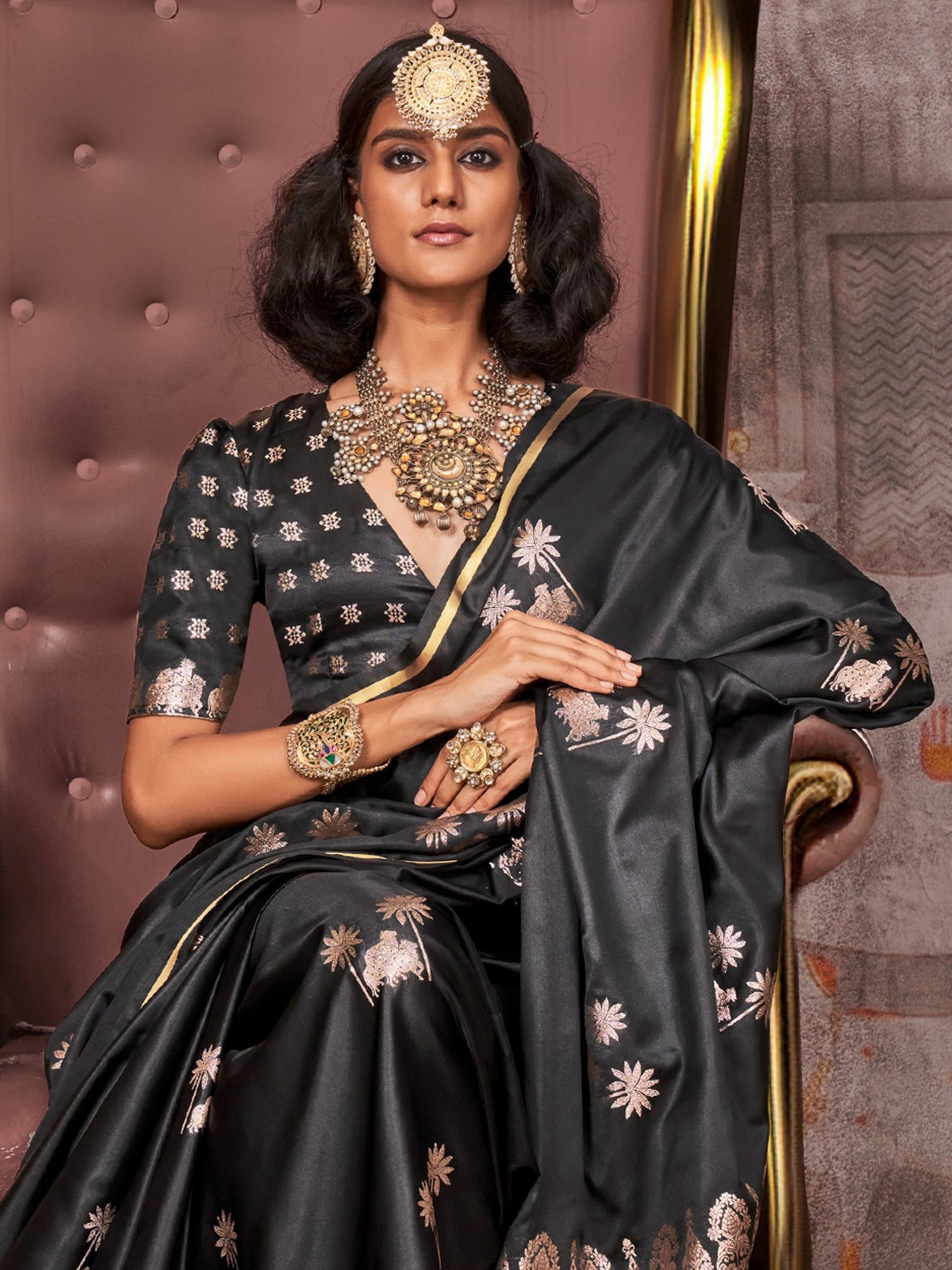 Black Gadwal Satin Silk Woven Saree