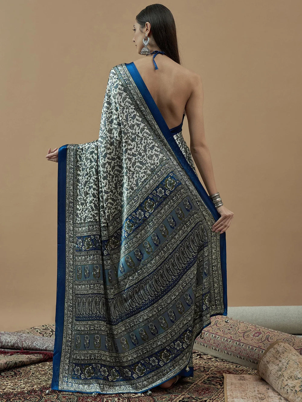 Off White Blue Block Print Crepe Saree - The Dori Store