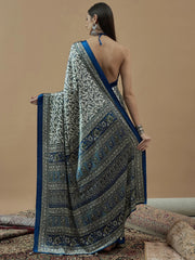 Off White Blue Block Print Crepe Saree - The Dori Store