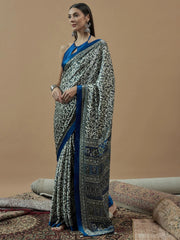 Off White Blue Block Print Crepe Saree - The Dori Store