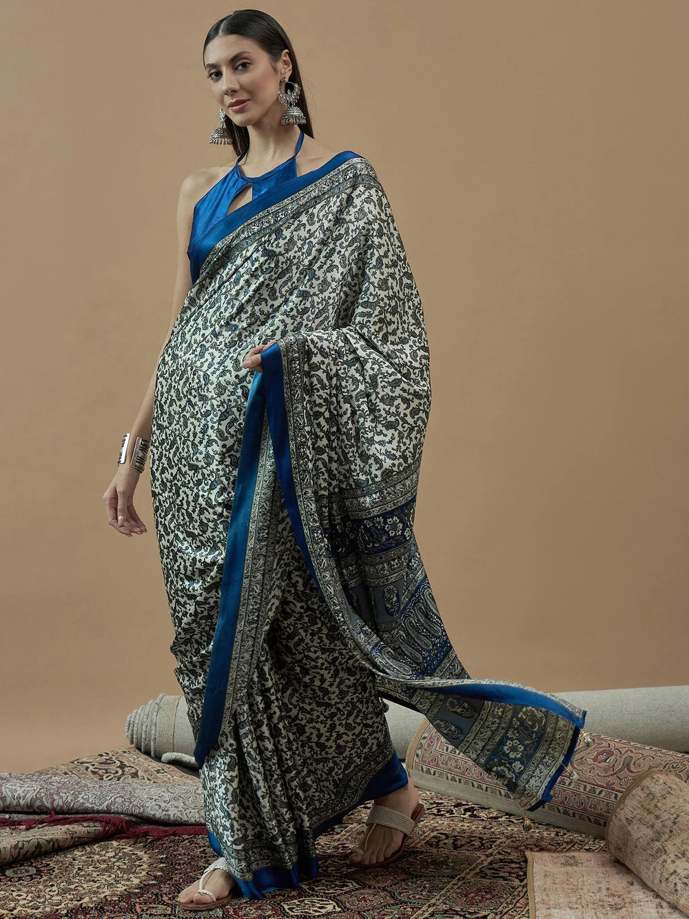 Off White Blue Block Print Crepe Saree - The Dori Store